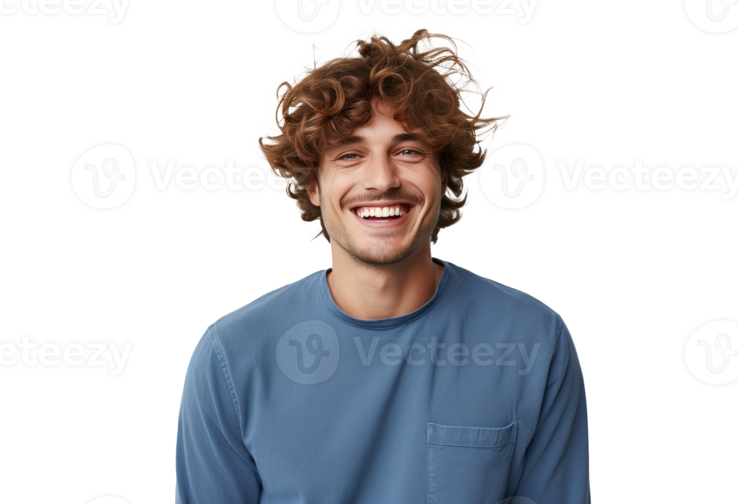 A curly haired man smiling against a white background png