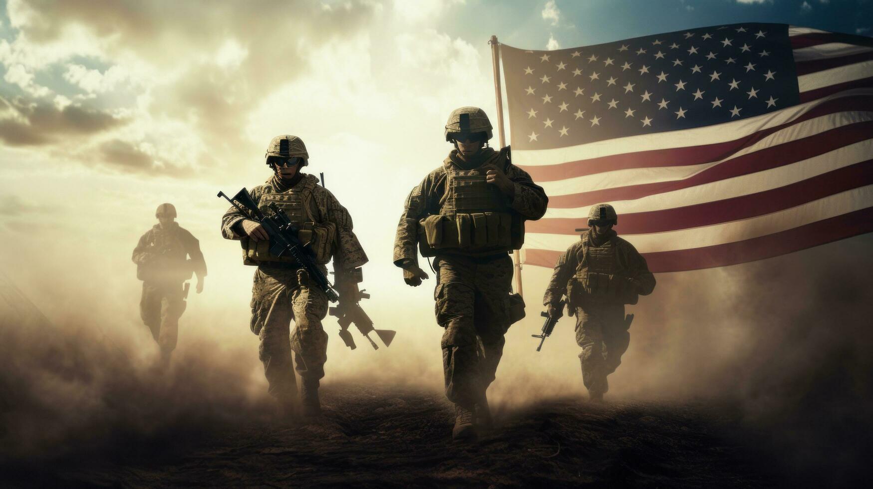 A group of soldiers are running ahead of a us flag photo