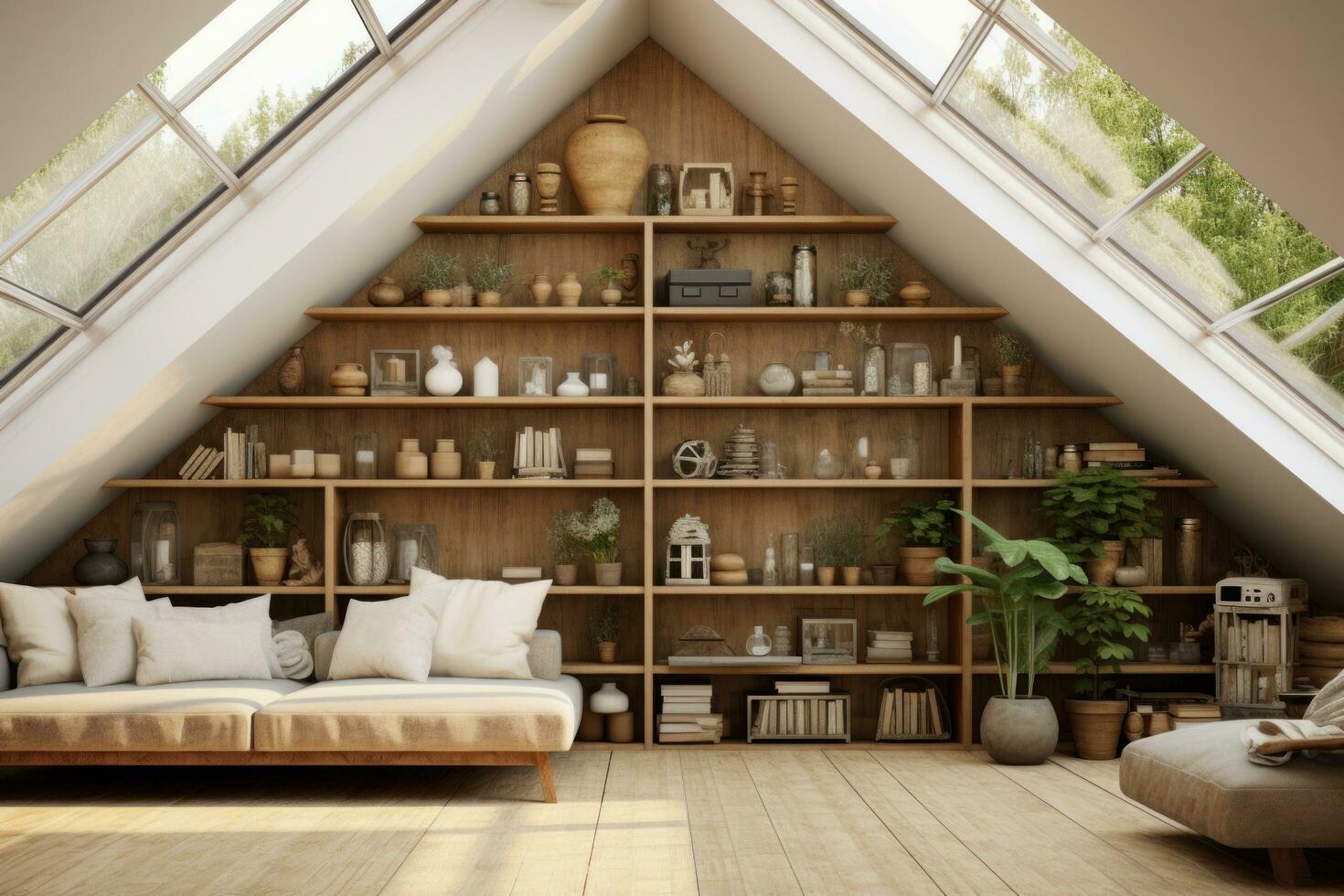 Attic living room with glass shelves 3d model photo