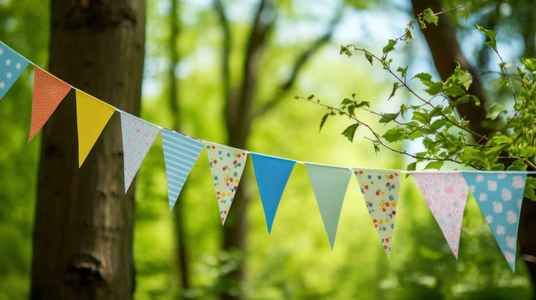 Colorful bunting at the party with trees behind it photo