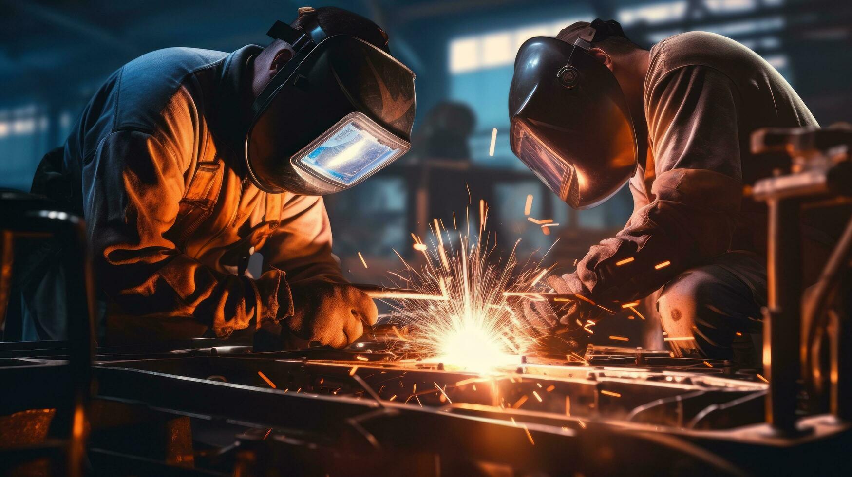 Workers are welding metal at an industrial factory photo