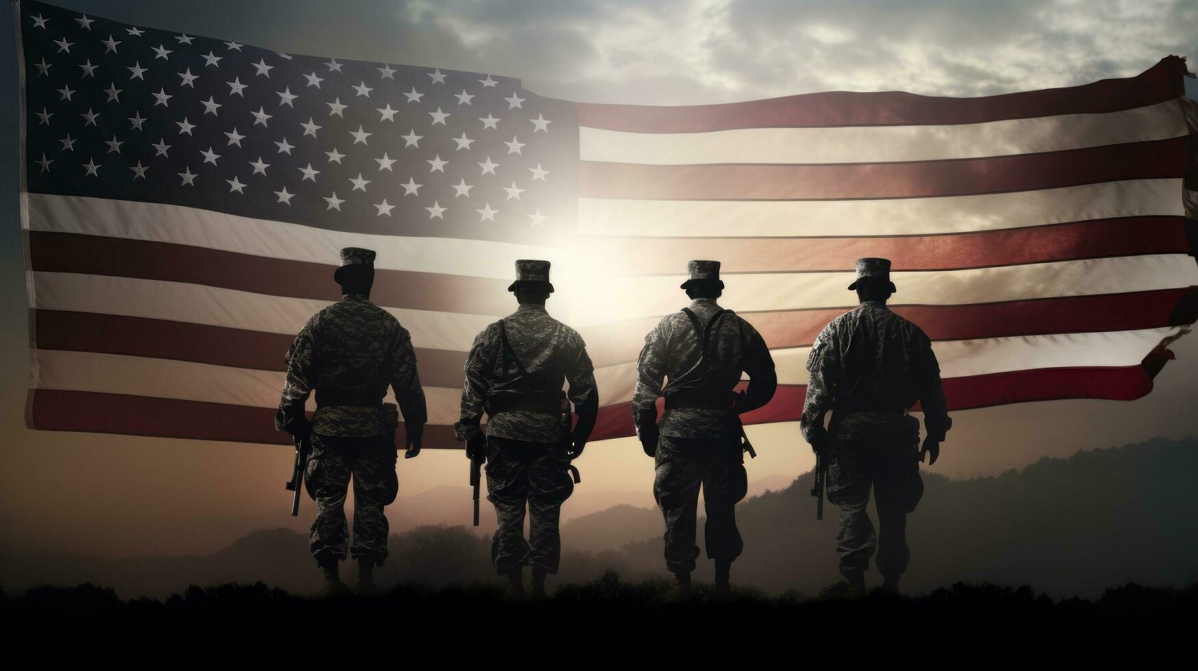 A group of soldiers are running ahead of a us flag photo