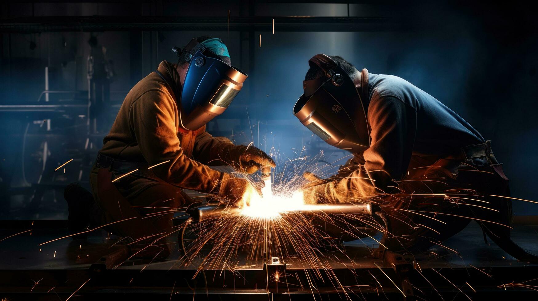 trabajadores son soldadura metal a un industrial fábrica foto