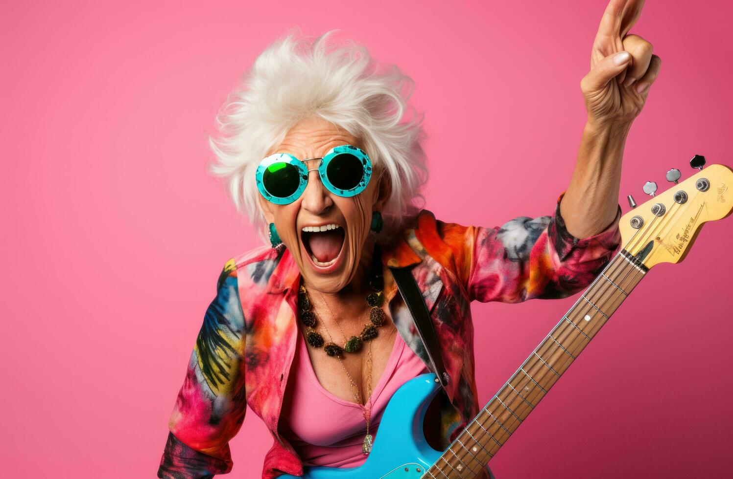 Cool old woman on vivid background photo