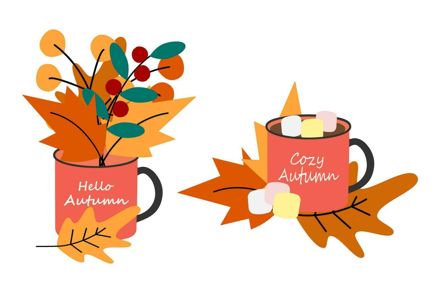 Set of 2 cups with bouquet of autumn leaves, warm drink with marshmallow and seasonal lettering vector
