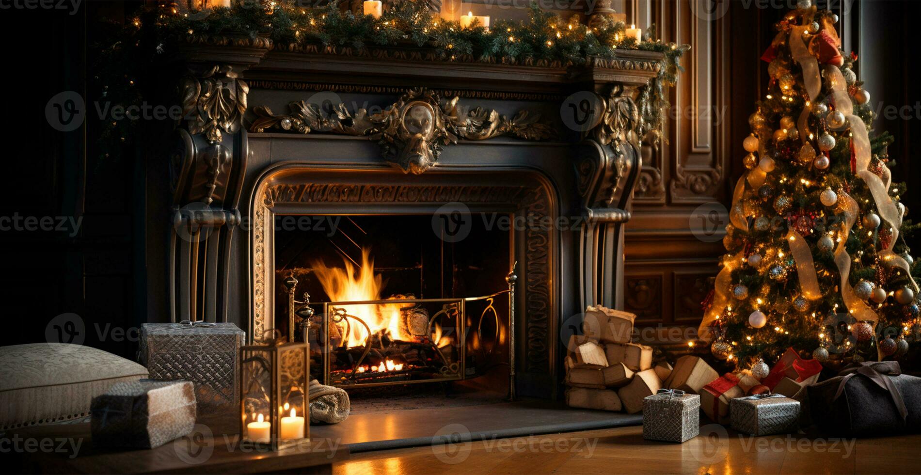 New Year's gifts by the fireplace, festive Christmas interior of a house with a Christmas tree - AI generated image photo