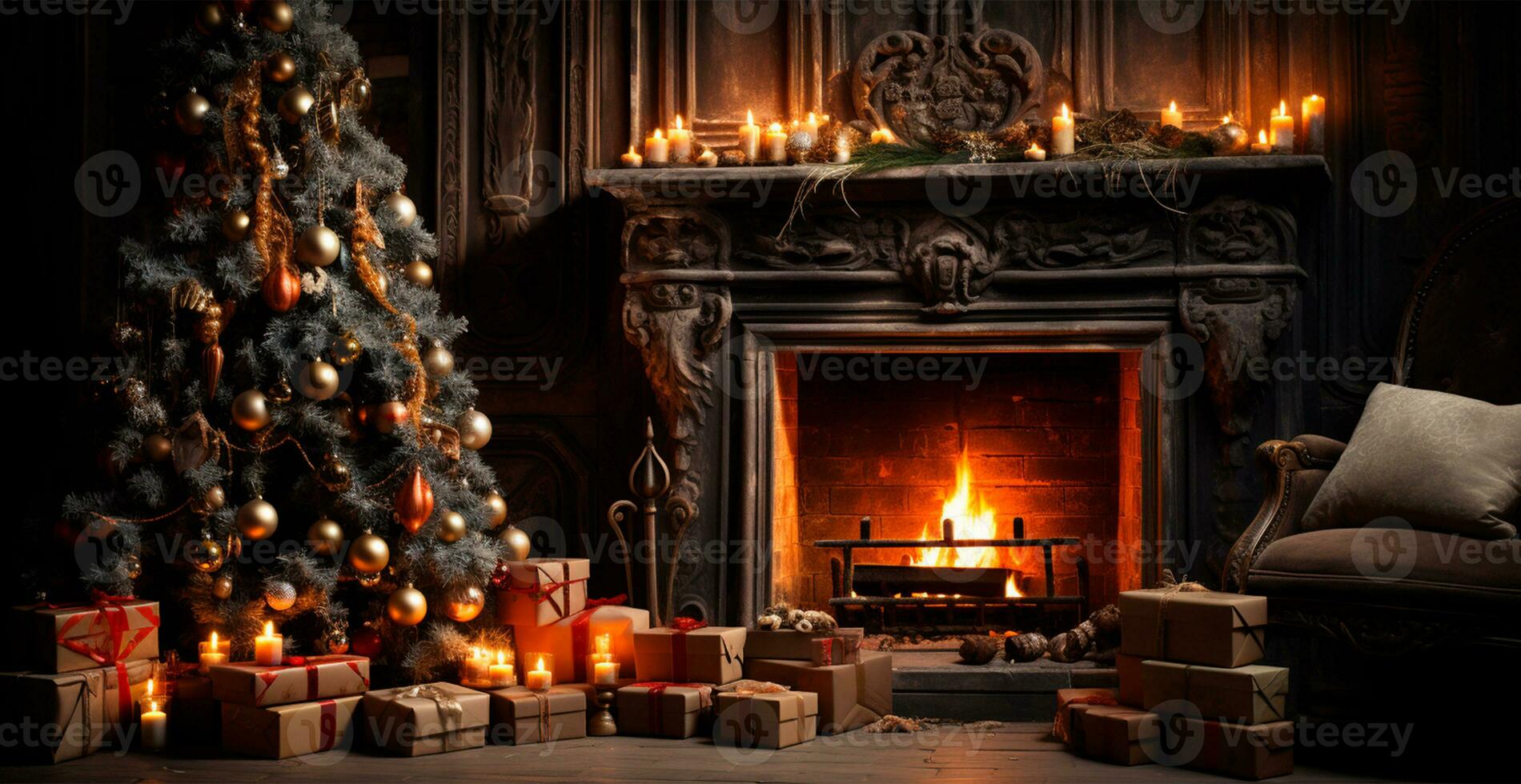 New Year's gifts by the fireplace, festive Christmas interior of a house with a Christmas tree - AI generated image photo
