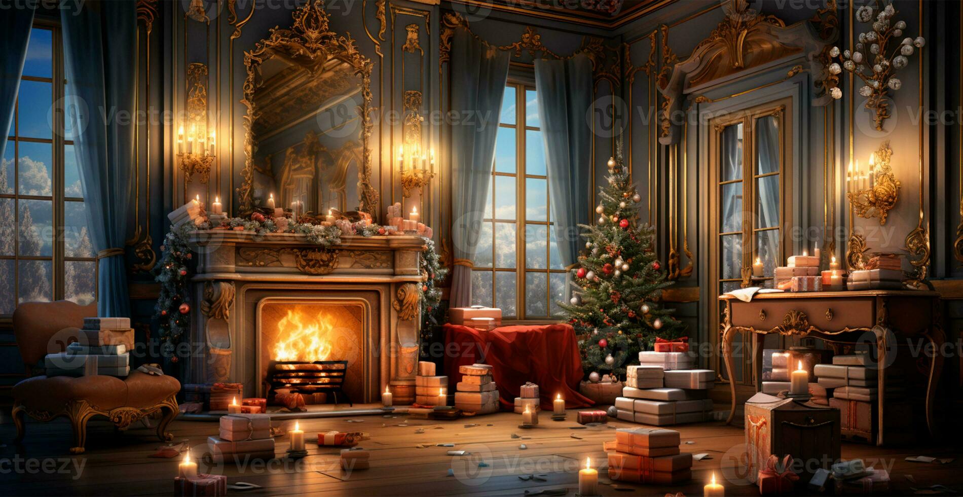 New Year's gifts by the fireplace, festive Christmas interior of a house with a Christmas tree - AI generated image photo