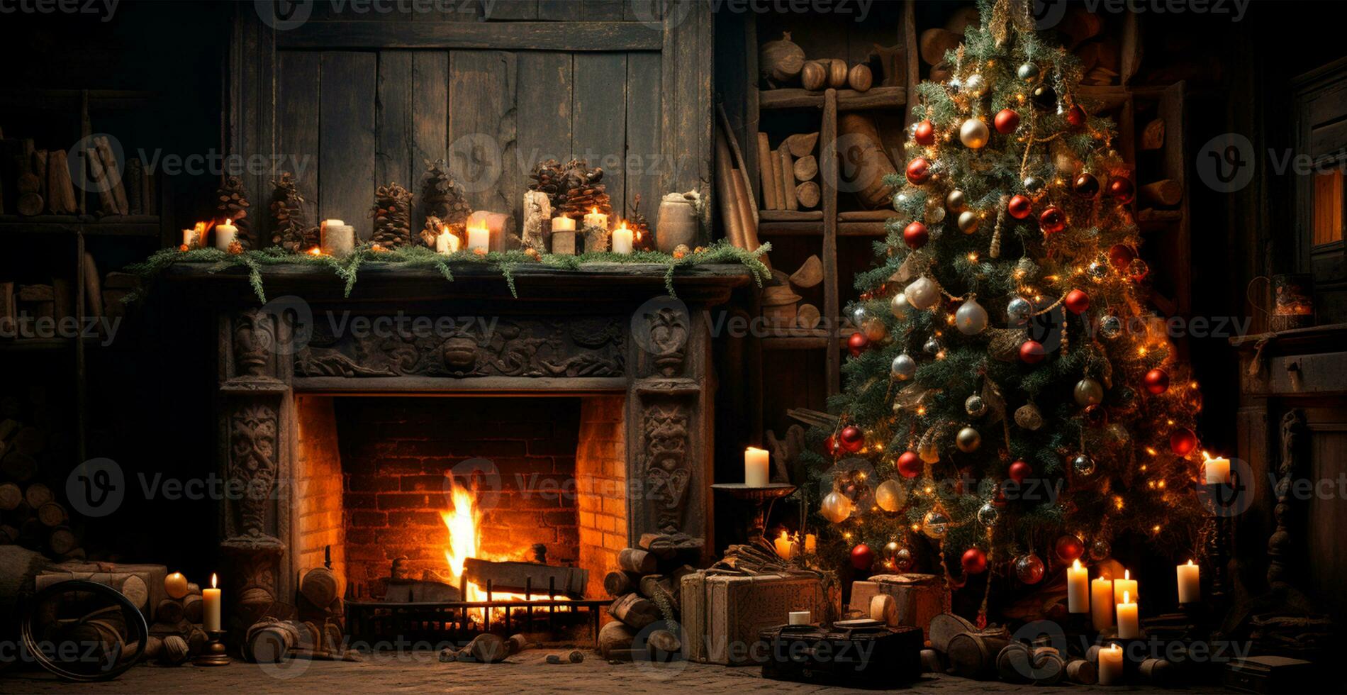 New Year's gifts by the fireplace, festive Christmas interior of a house with a Christmas tree - AI generated image photo