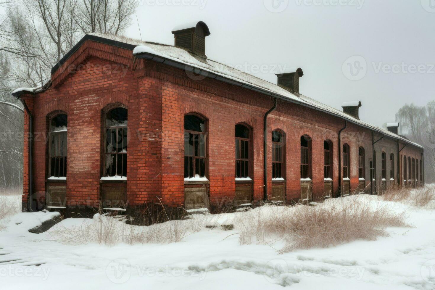 Abandoned rail station winter. Generate AI photo