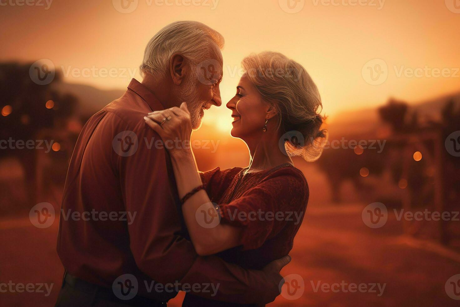 Senior old couple sunset dance. Generate Ai photo