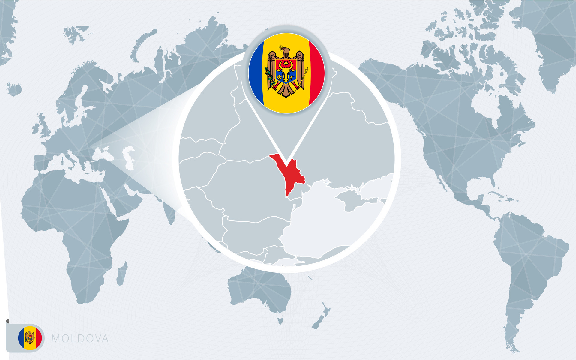 Pacific Centered World Map With Magnified Moldova Flag And Map Of Pacific Centered World Map With Magnified Moldova Flag And Map Of Moldova Vector 