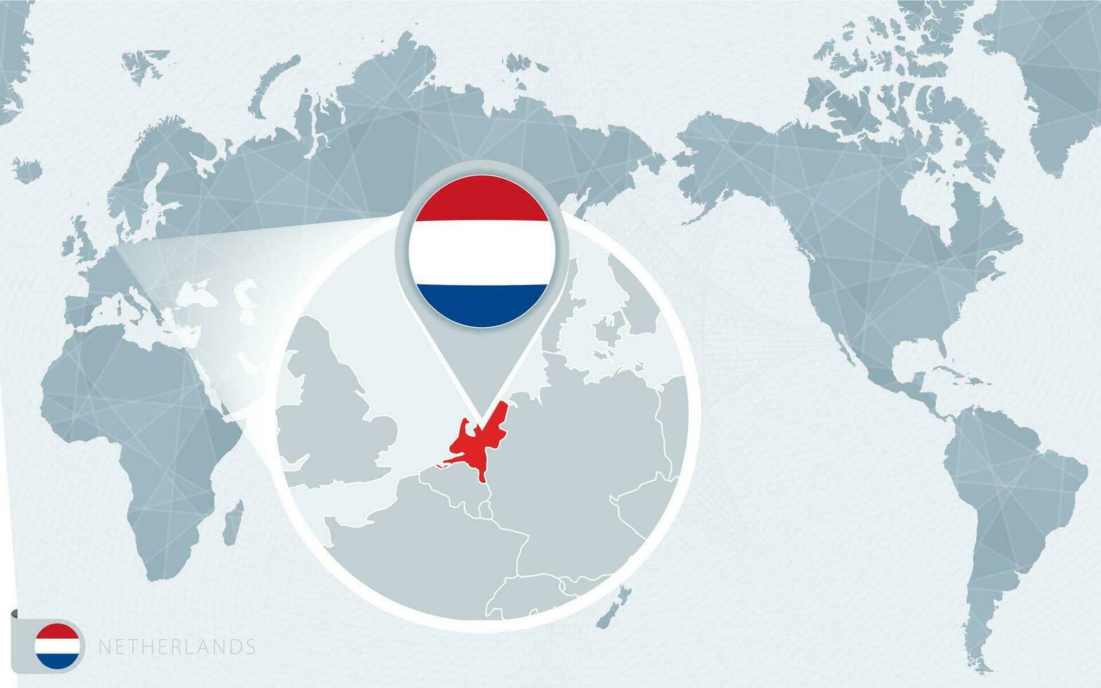 Pacífico centrado mundo mapa con magnificado Países Bajos. bandera y mapa de Países Bajos. vector