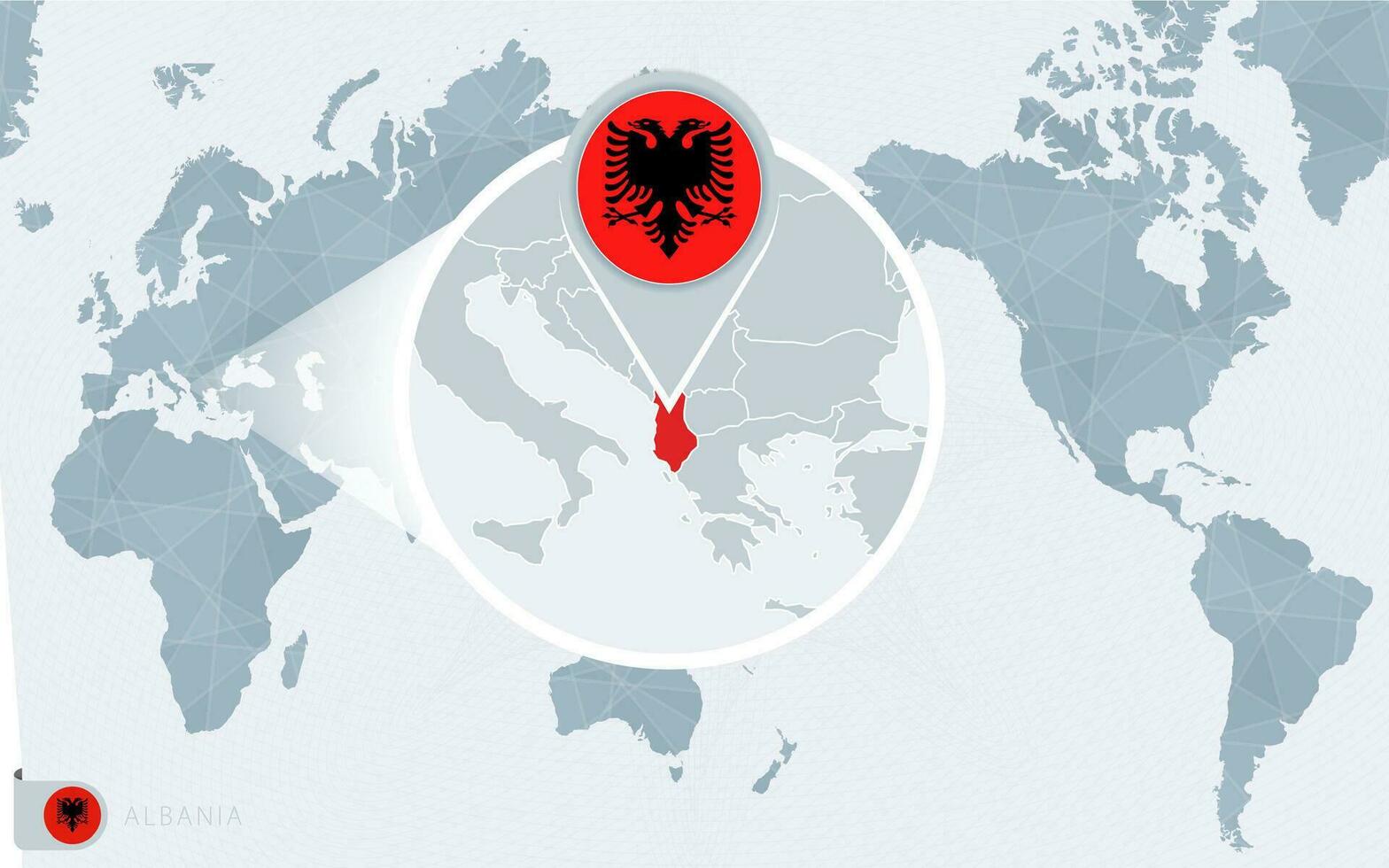 Pacífico centrado mundo mapa con magnificado albania bandera y mapa de albania vector