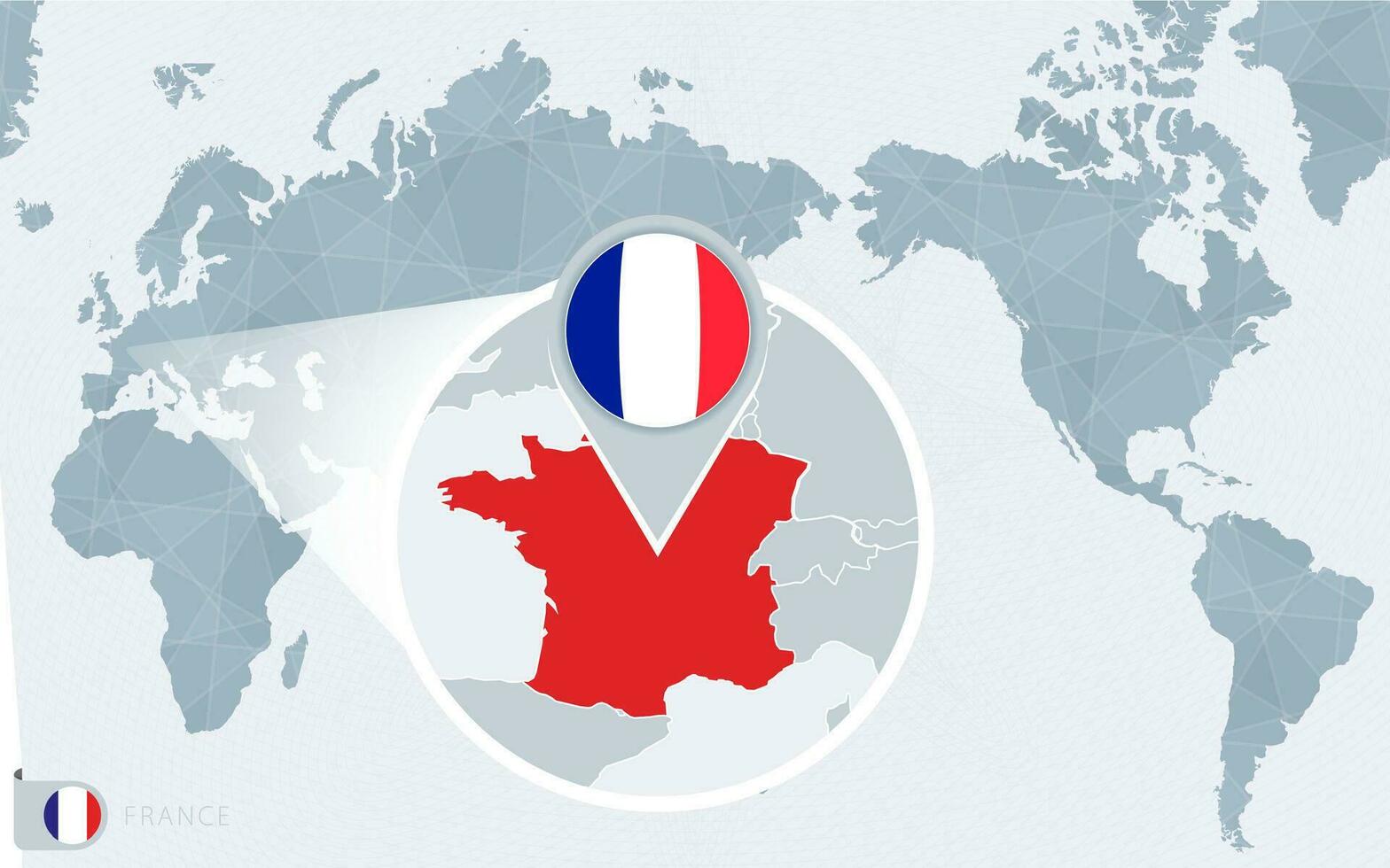 Pacífico centrado mundo mapa con magnificado Francia. bandera y mapa de Francia. vector