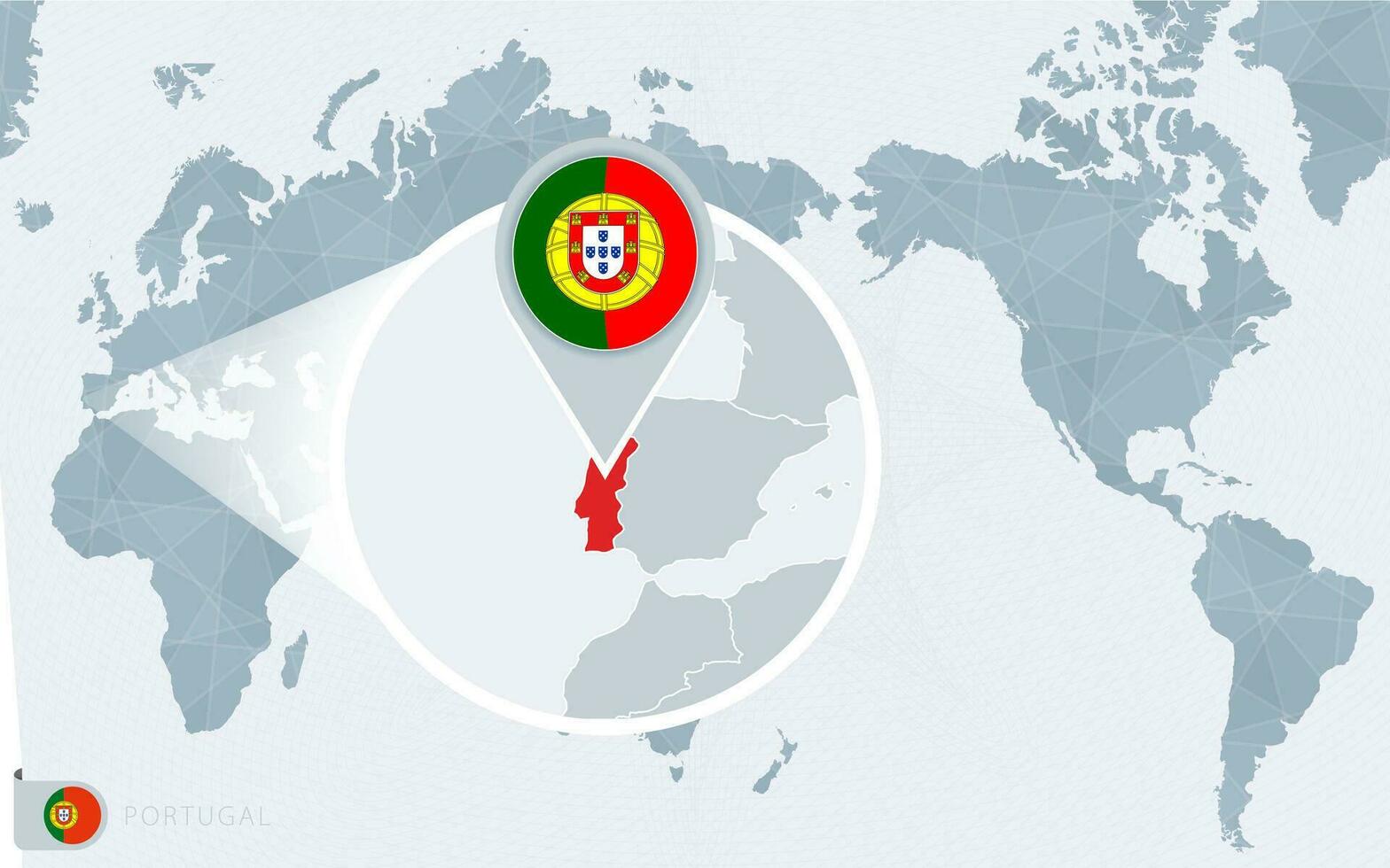 Pacífico centrado mundo mapa con magnificado Portugal. bandera y mapa de Portugal. vector