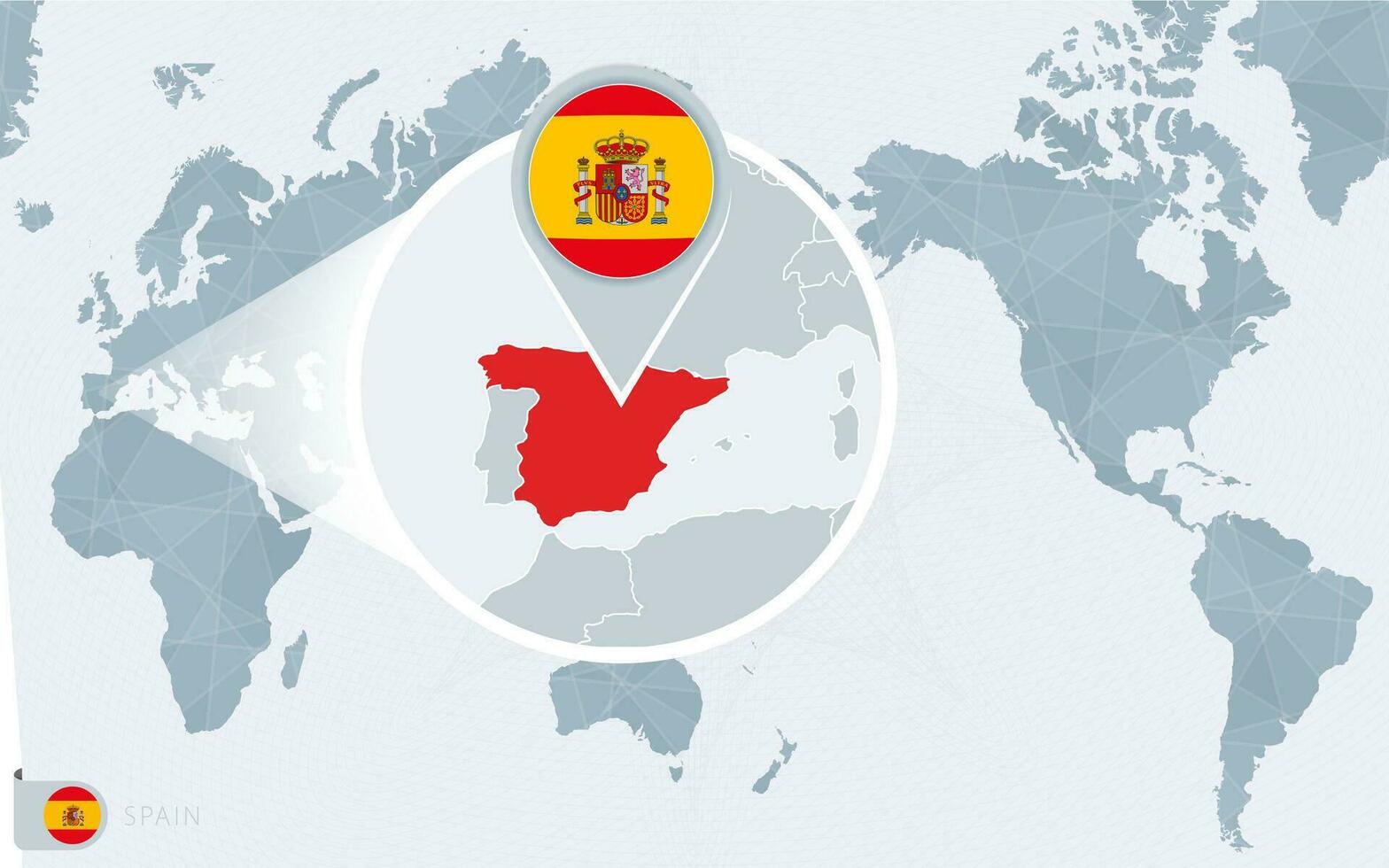 Pacific Centered World map with magnified Spain. Flag and map of Spain. vector