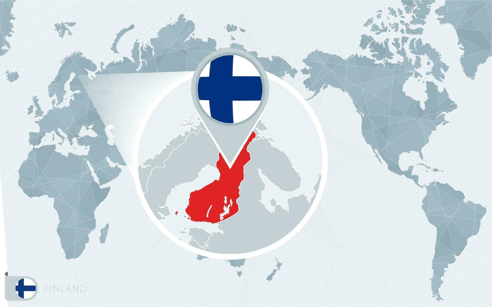 Pacífico centrado mundo mapa con magnificado Finlandia. bandera y mapa de Finlandia. vector