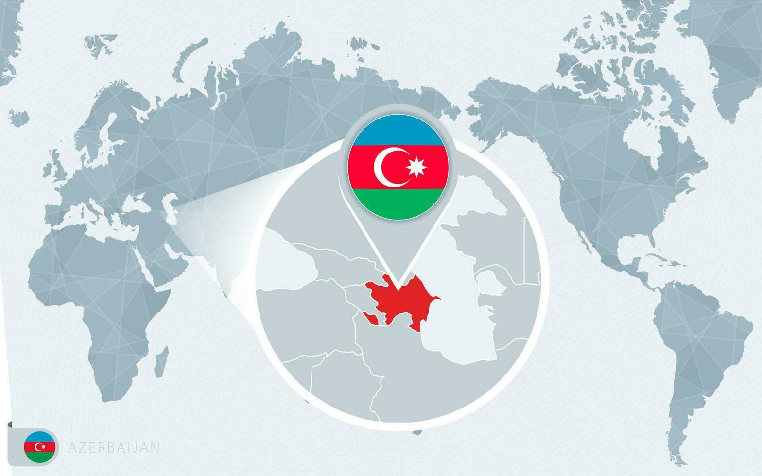 Pacífico centrado mundo mapa con magnificado azerbaiyán bandera y mapa de azerbaiyán vector