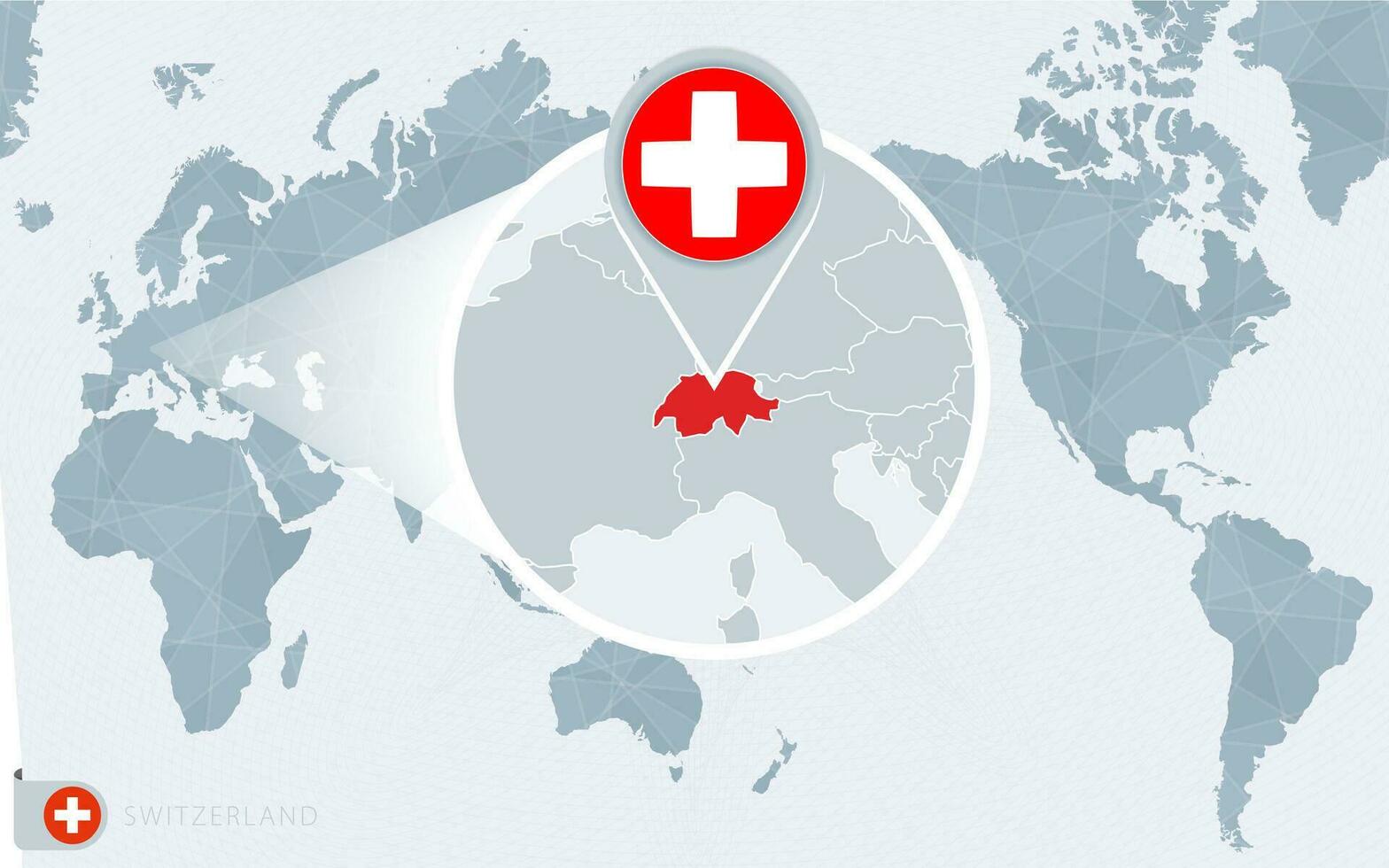 Pacífico centrado mundo mapa con magnificado Suiza. bandera y mapa de Suiza. vector