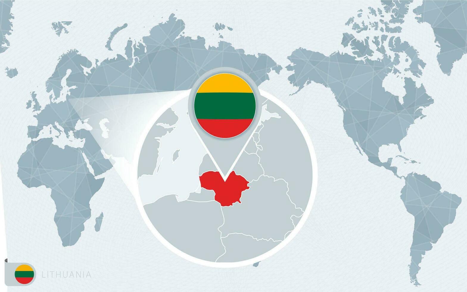 Pacific Centered World map with magnified Lithuania. Flag and map of Lithuania. vector