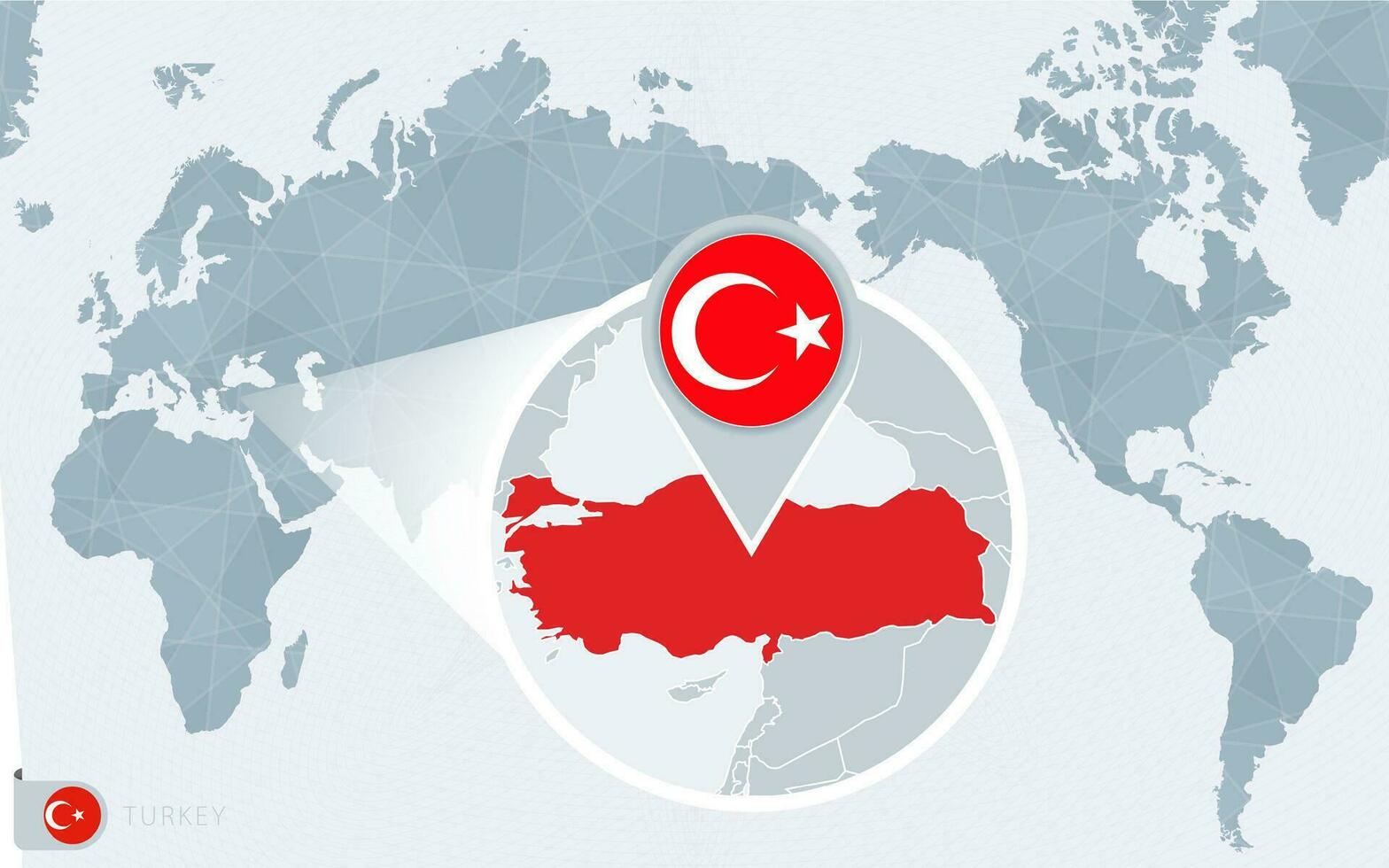 Pacific Centered World map with magnified Turkey. Flag and map of Turkey. vector