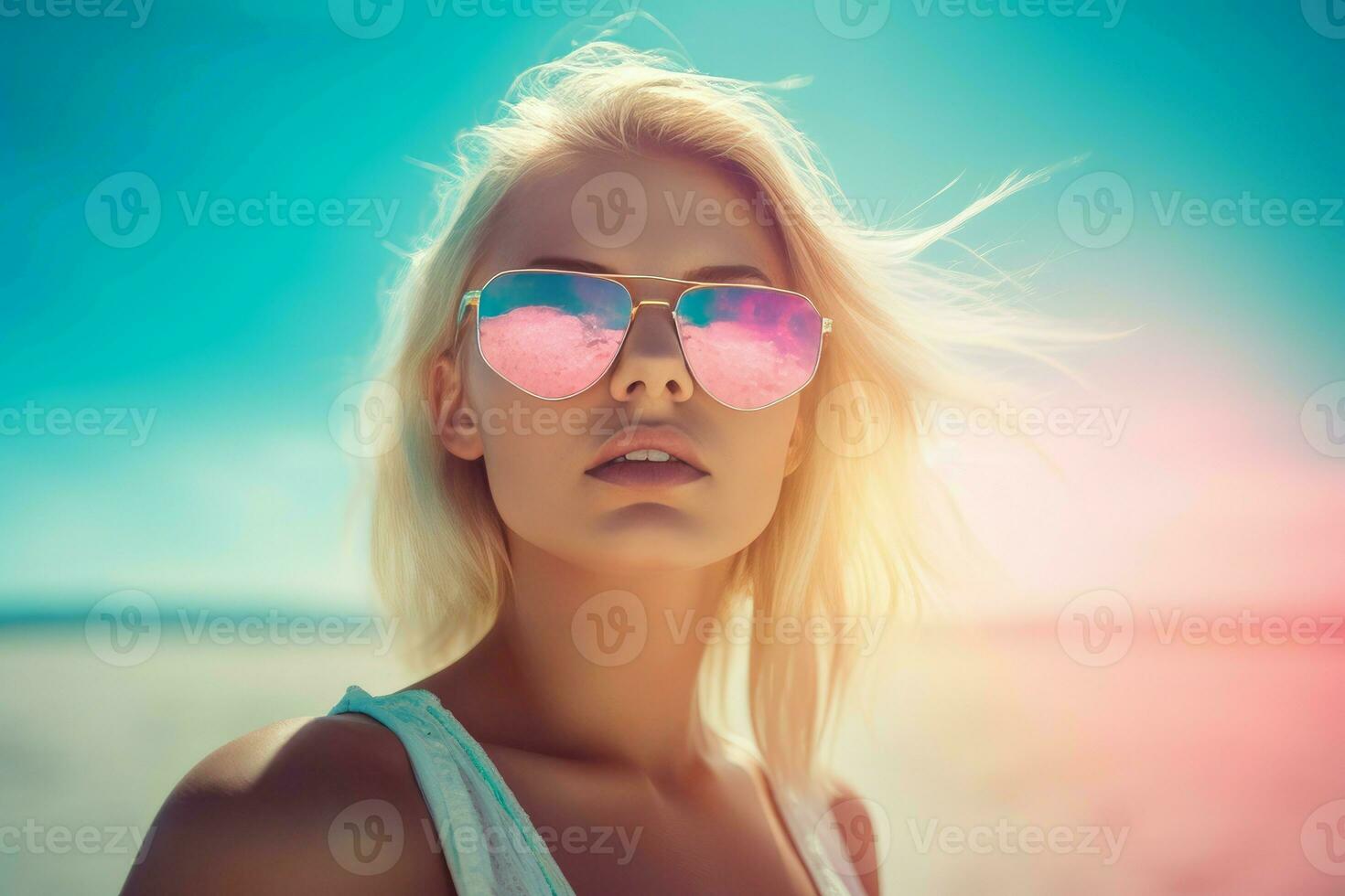 Lady blonde beach. Generate Ai photo