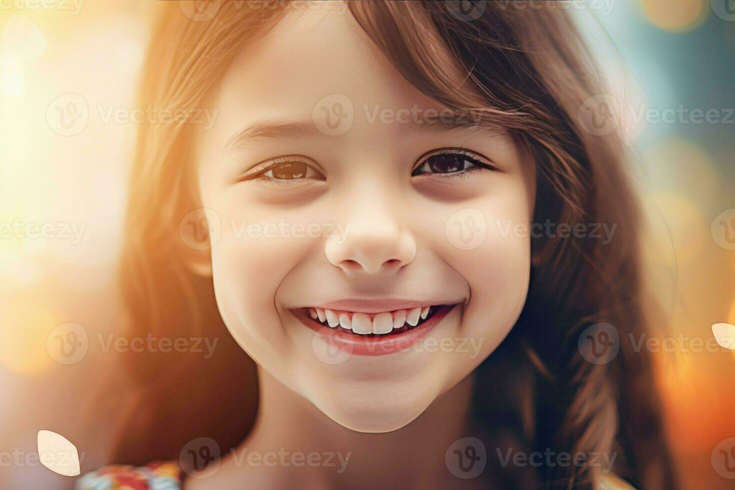 Children girl sunny smile. Generate Ai photo