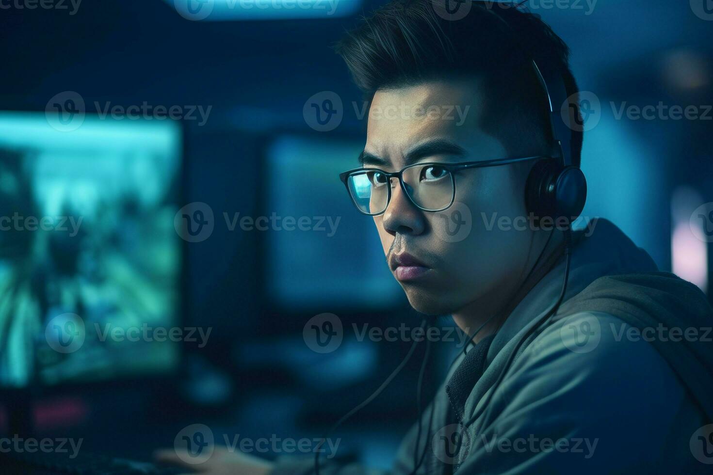 Chinese operator concentrating. Generate Ai photo