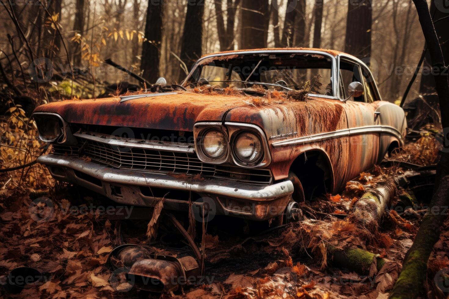 An abandoned car showcasing the nostalgia. Generate Ai photo