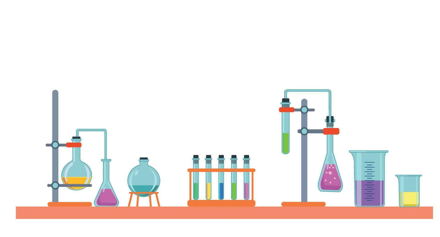 Scientific chemical laboratory, conducting experiments, research in laboratory. Glassware, jars, flasks, tubes and complex installation systems in working cabinet, equipment vector