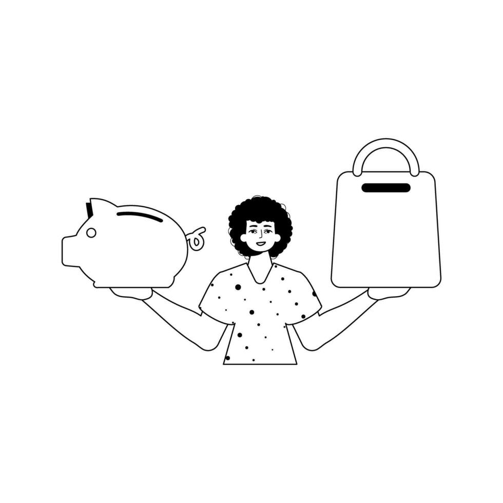 The guy is holding a piggy bank and a denounce cart . black and White linear style. Trendy style, Vector Illustration