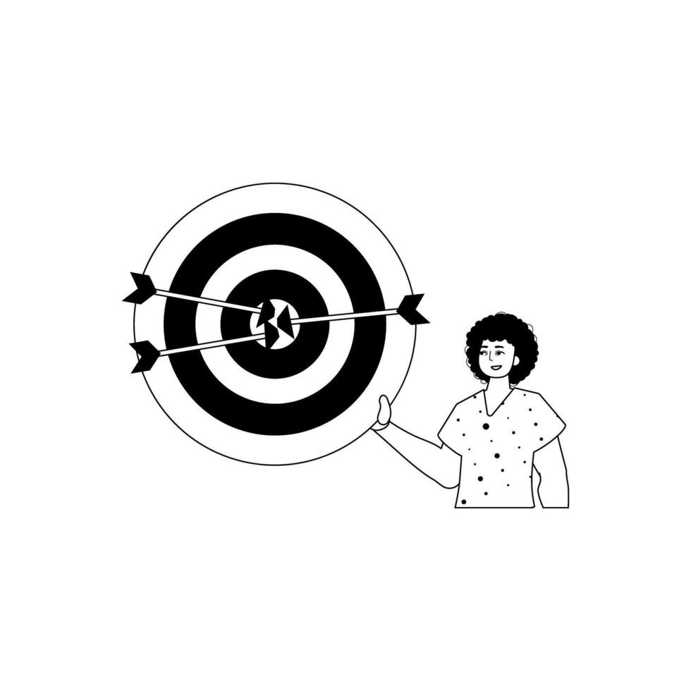 The guy is holding a target with arrow in the center playing field . accomplishment concept . black and white linear dash. Trendy style, Vector Illustration