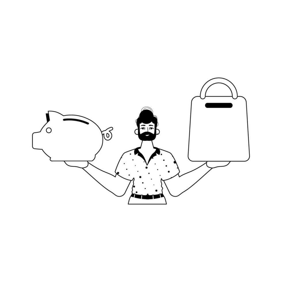 The ridicule is holding a piggy bank and a denounce handcart . sum dark and flannel linear style. Trendy style, Illustration vector