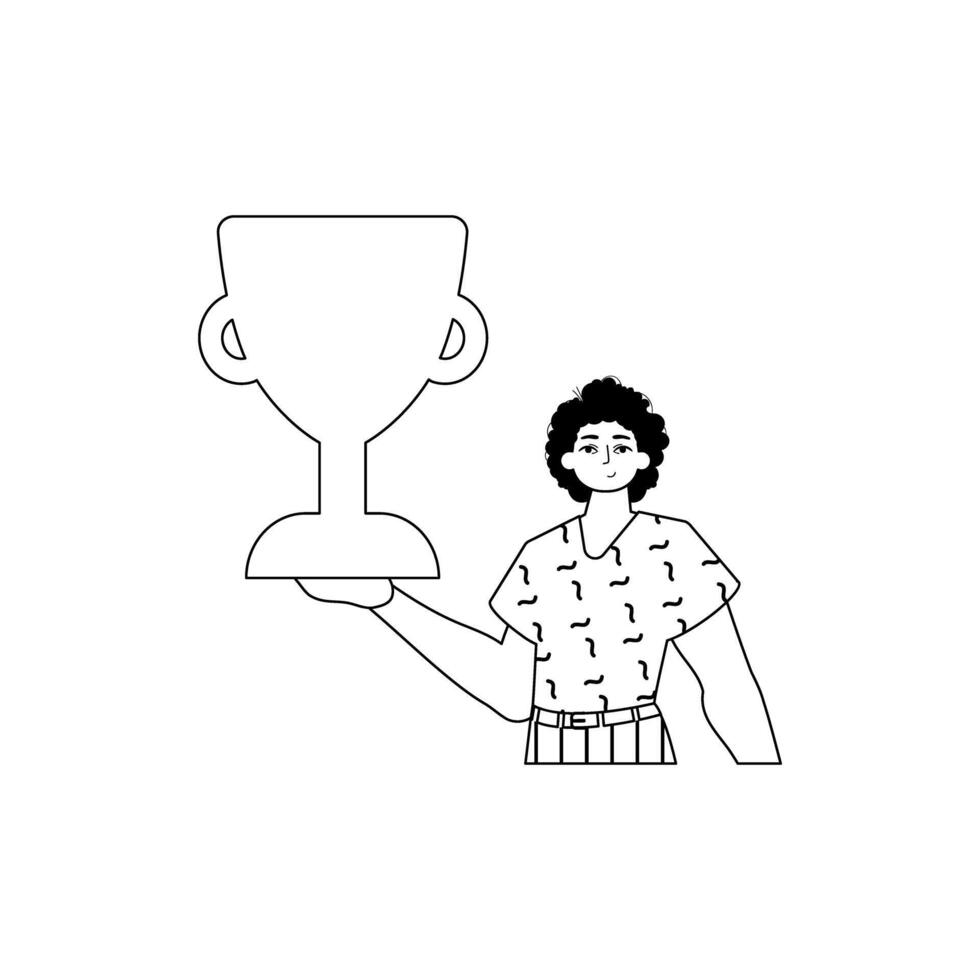 The Guy is holding a cup . national of victory . black and whiten linear manner. Trendy style, Vector Illustration