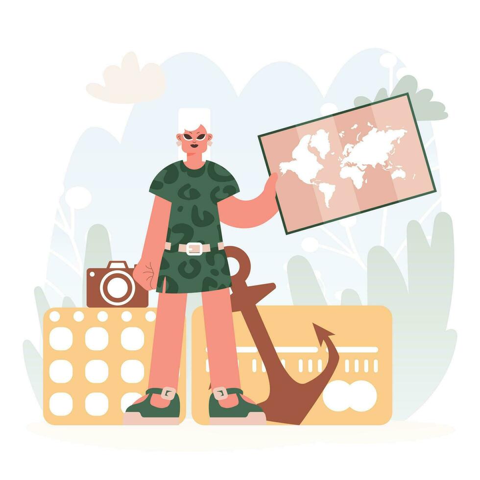 Energetic lady Holding a Chart, Revealing Unused Skylines, Getting a handle on the Experience of Travel and the Charm of Looking at the World. vector