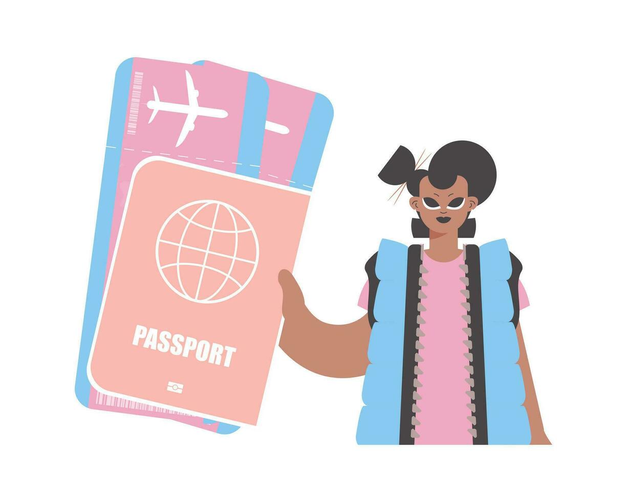 Travel of Dreams. Energized lady with Around the world id and Carrier Tickets. vector