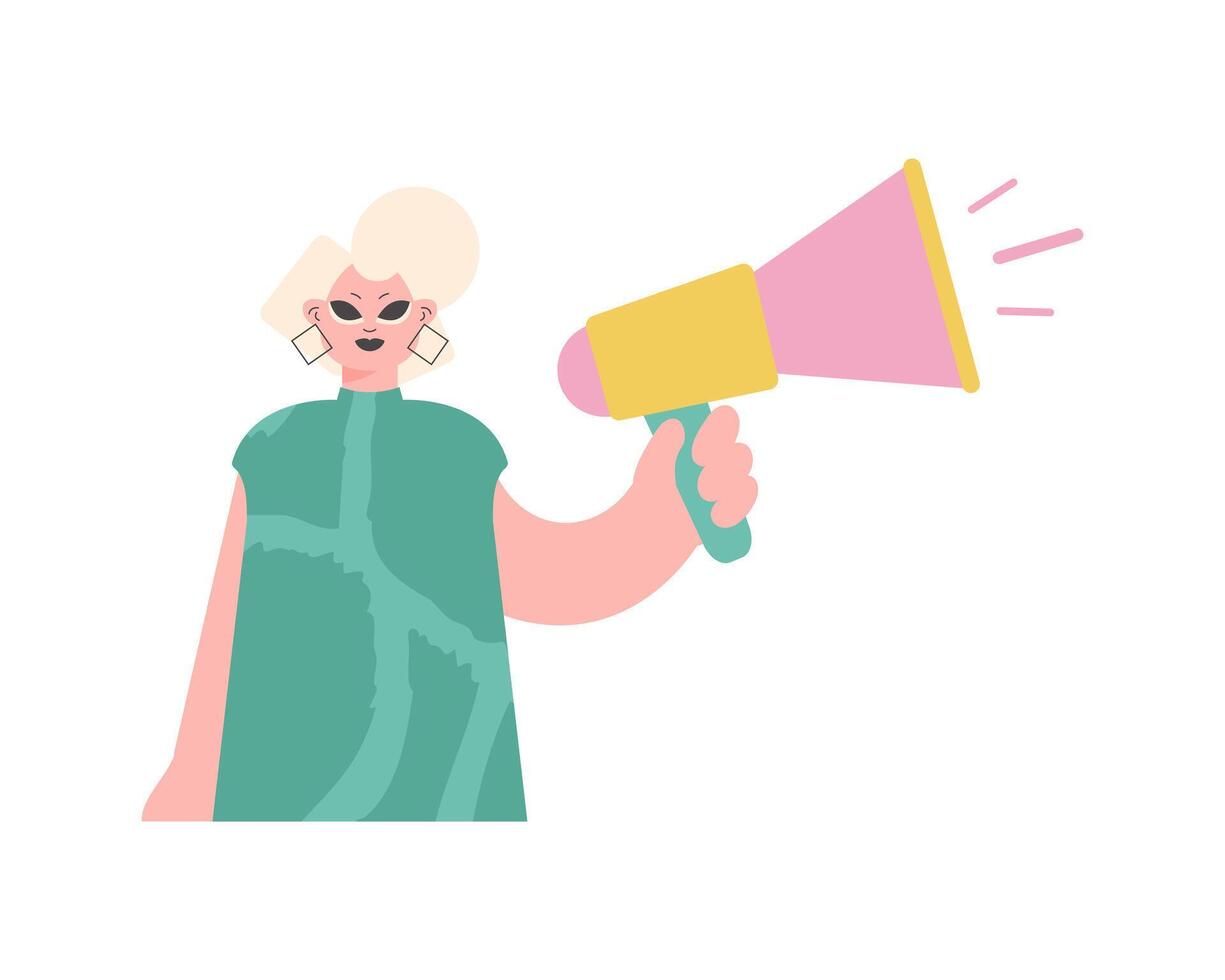 Locked in Voice. Lively woman with Enhancer. Disengaged on White. vector