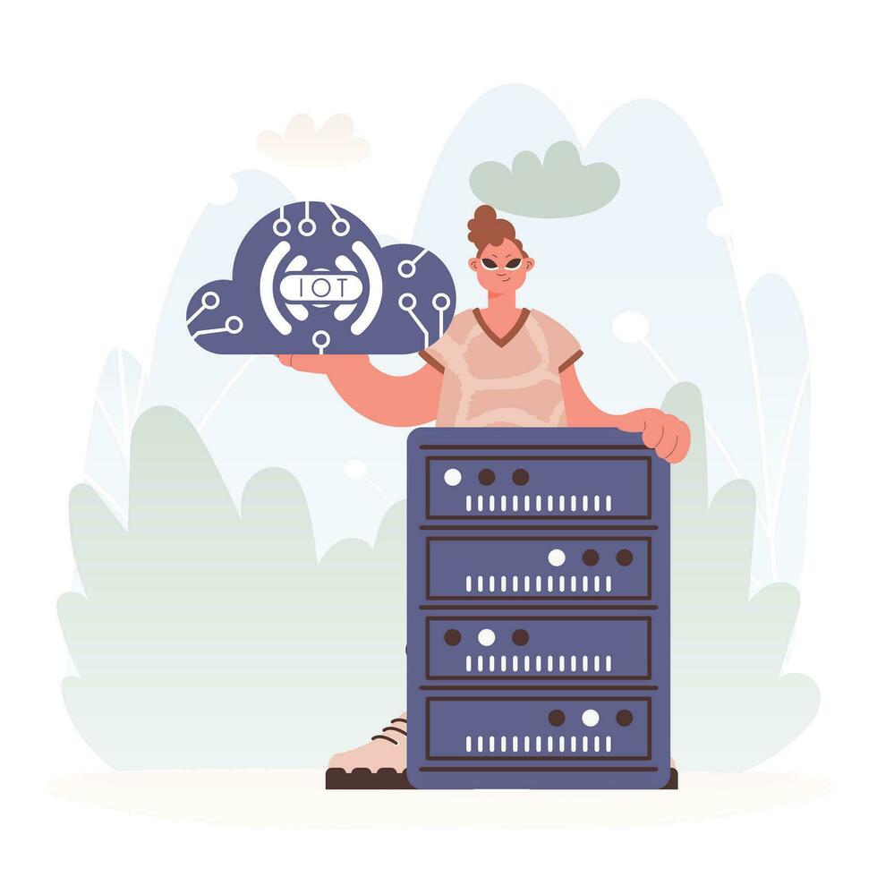 Man Getting a handle on the IoT Picture Insides the center of a Organize of Servers, Symbolizing the Interconnectivity and Mechanical Progressions of Advanced Times. vector