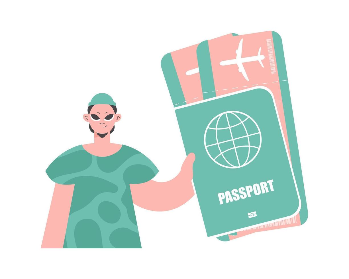 A man holding a passport and a globe vector