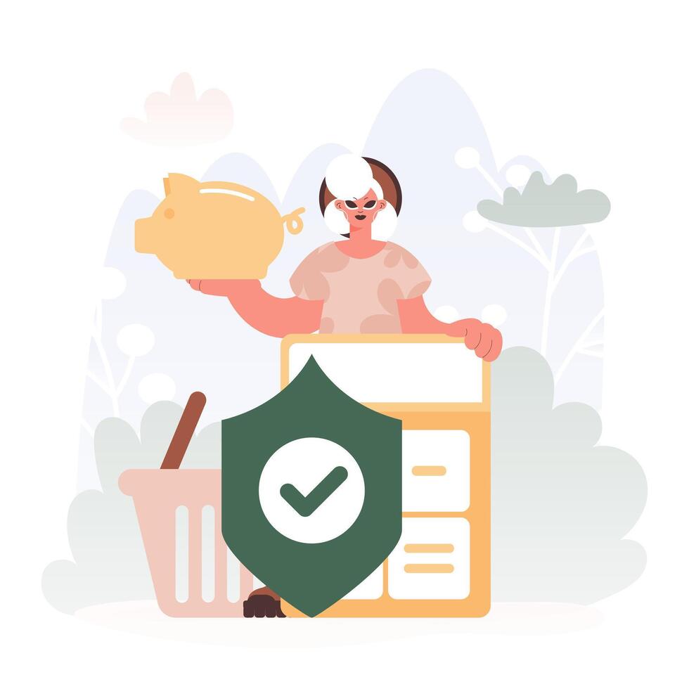 Cash related Security Defender. Youthful woman with Piggy Bank, Calculator, and Jokester. vector