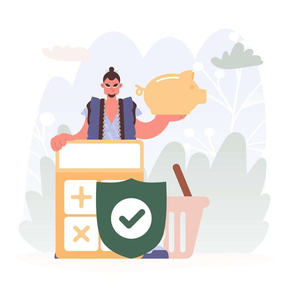 Money related Security Guard. Man with Piggy Bank, Calculator, and Jokester. vector