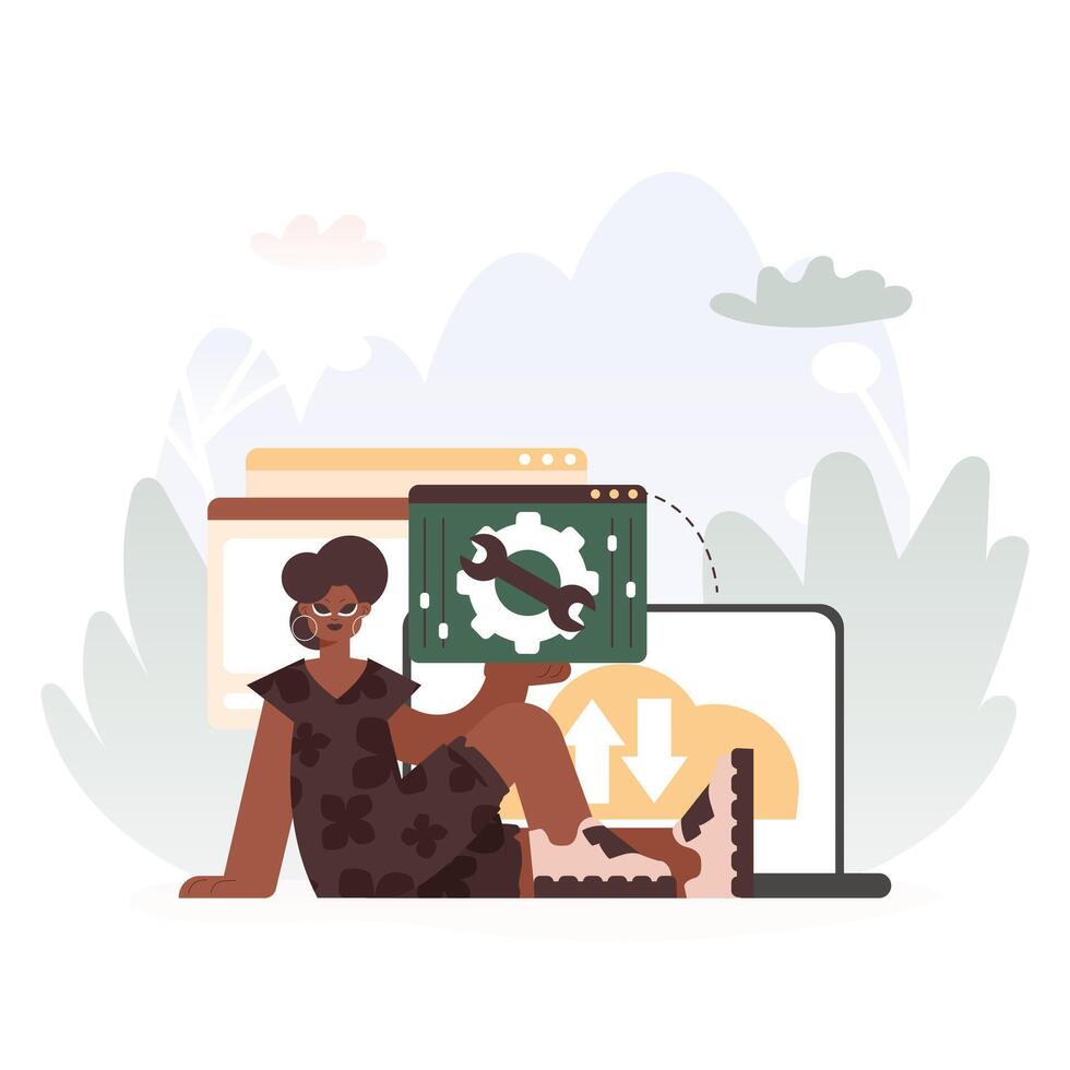 A Vector Chart of a Energized woman Holding a Browser Window with Gears and Torque, Idealize for Tech and Improvement Concepts.