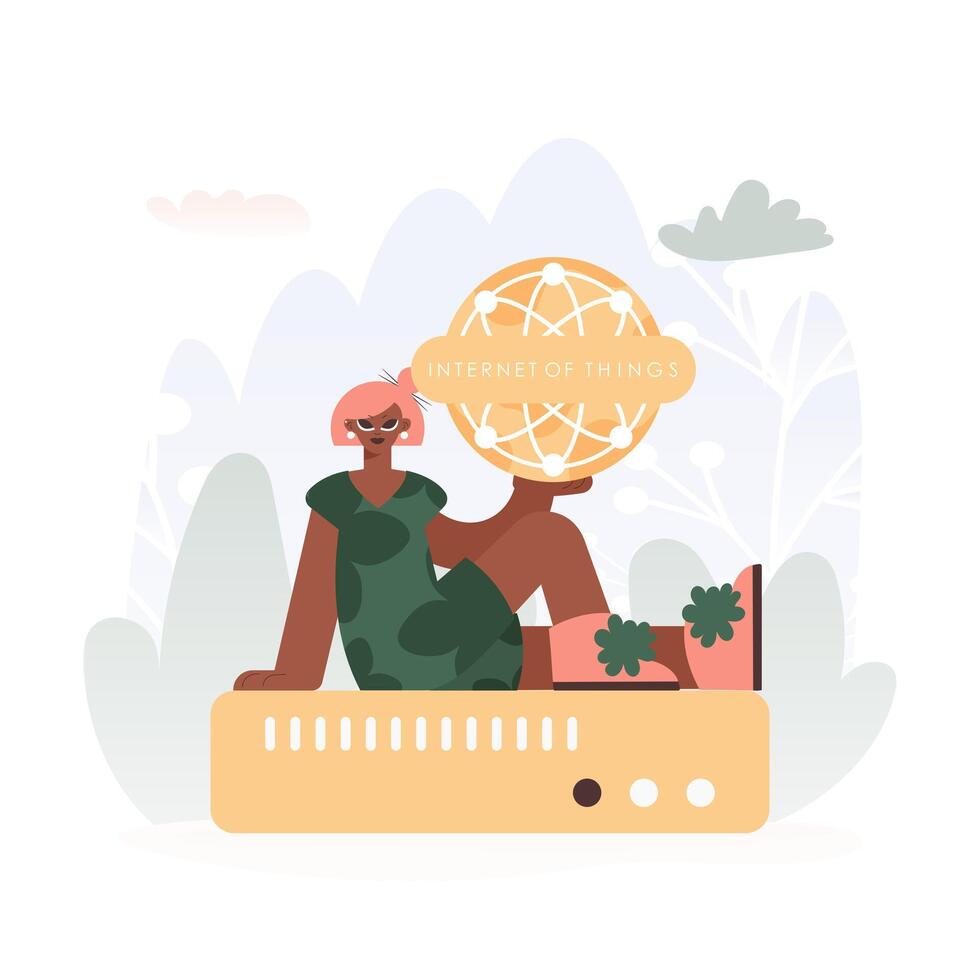 Energized woman Getting a handle on the IoT Picture Insides parts parts the center of a Organize of Servers, Symbolizing the Interconnectivity and Mechanical Headways of Progressed Times. vector