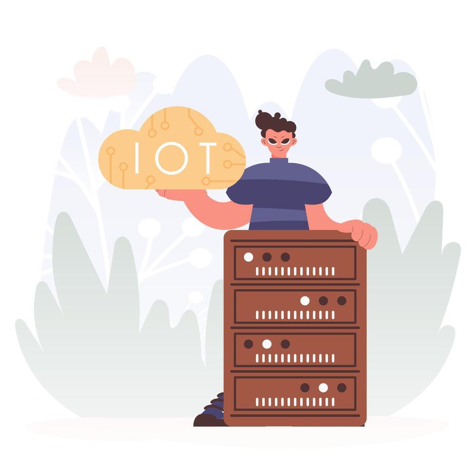 Man Getting a handle on the IoT Picture Interior the center of a Organize of Servers, Symbolizing the Interconnectivity and Mechanical Advancements of Progressed Times. vector