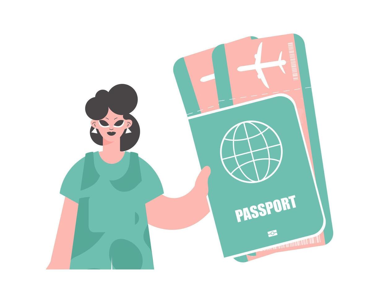 Travel of Dreams. Energized lady with Around the world id and Carrier Tickets. vector