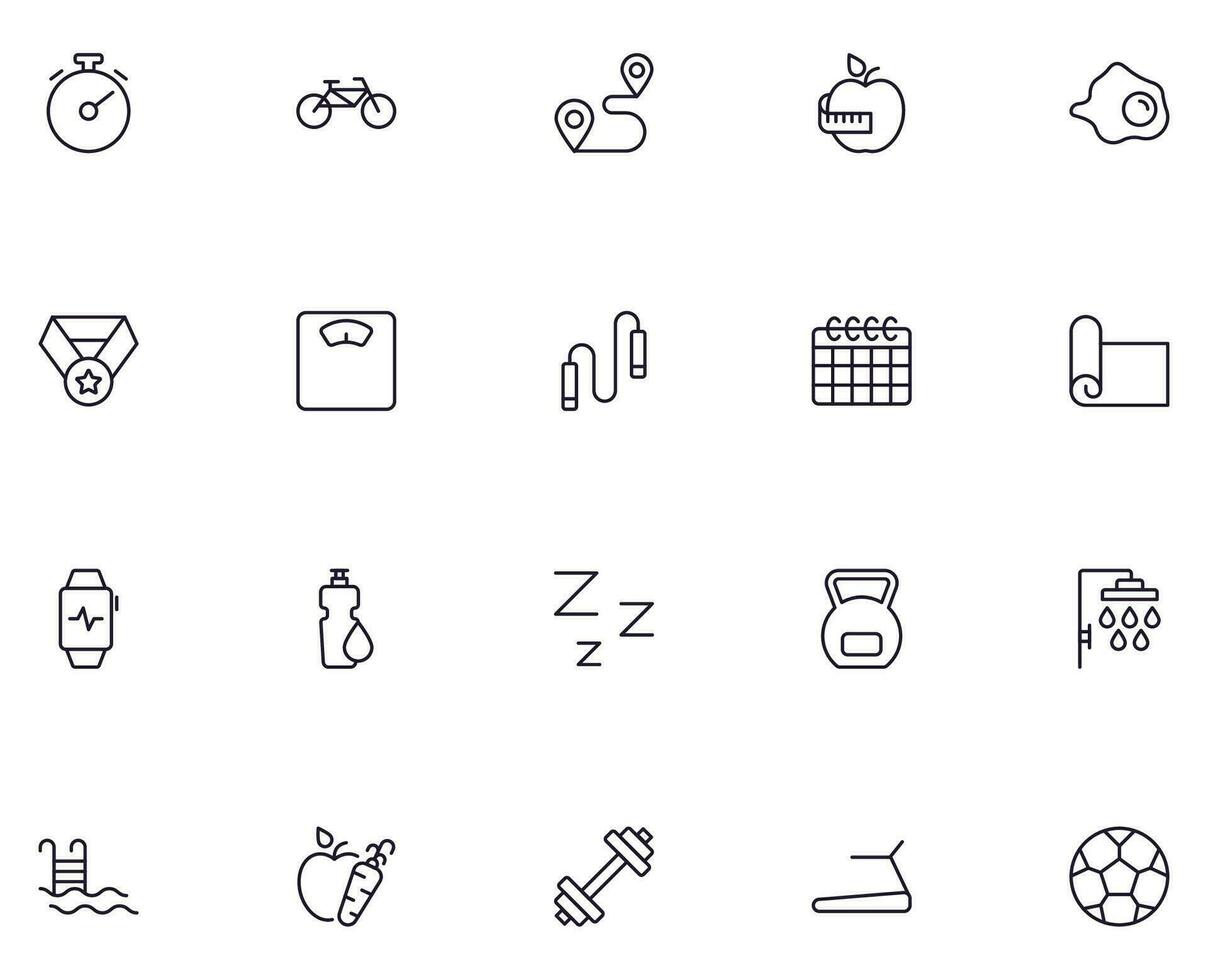 Sport, fitness and weight loss concept. Trendy sign drawn in line style. Line icon set with symbols of timer, bicycle, treadmill, rod, weight vector