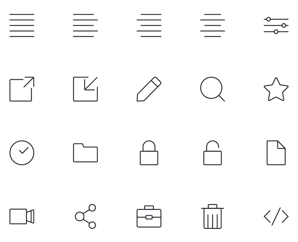 Simple sign and symbols for UI. Suitable for web sites, apps, internet stores. Editable stroke. Line icon set with vector pictures of minimize, block, share and other elements