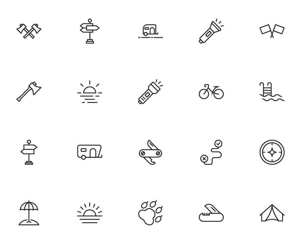 Travel icon set. Collection of outdoor activity sign for web design, UI design, mobile app, etc. Relax outline icon. Camping black pictogram on white background. vector