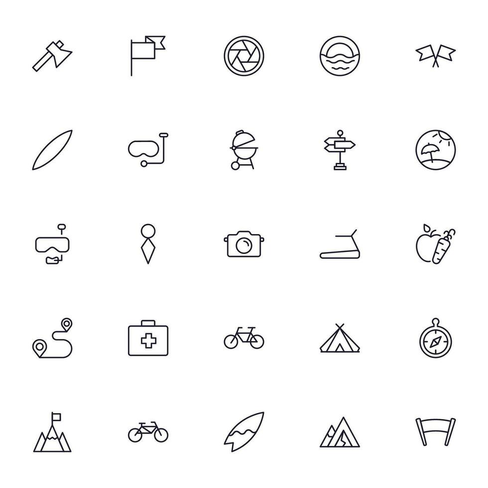 Travel icon set. Collection of outdoor activity sign for web design, UI design, mobile app, etc. Relax outline icon. Camping black pictogram on white background. vector